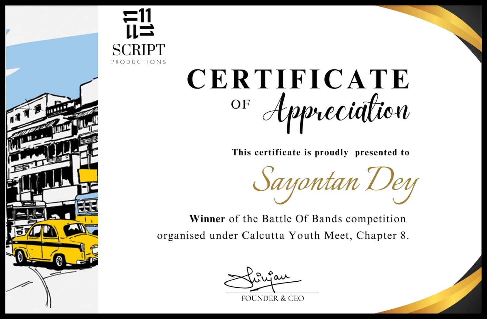 Battle of Bands winner certificate
