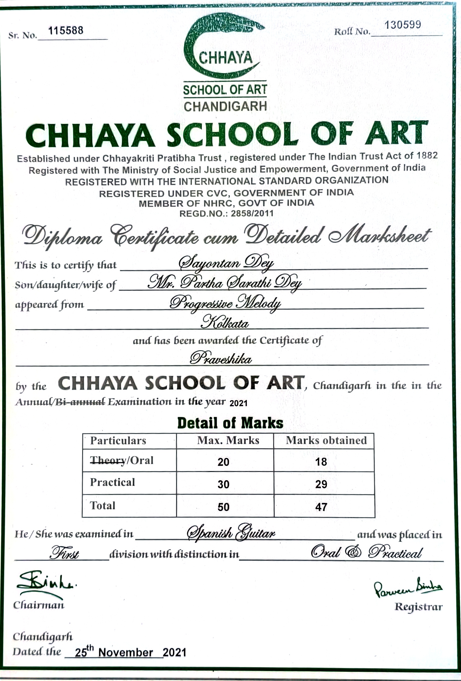 Chhaya School of Art Spanish Guitar certificate
