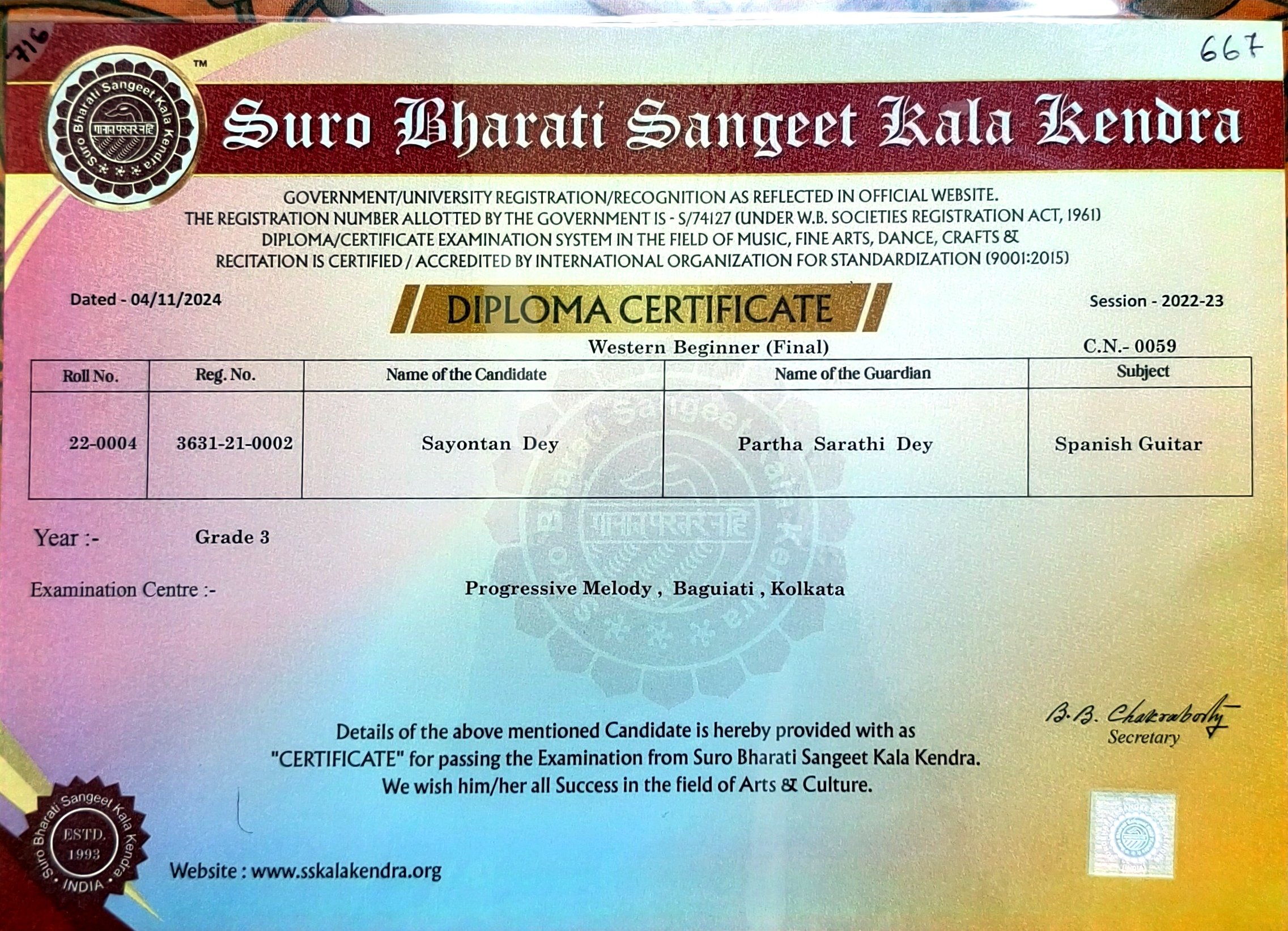 Suro Bharati Spanish Guitar Grade 3 diploma